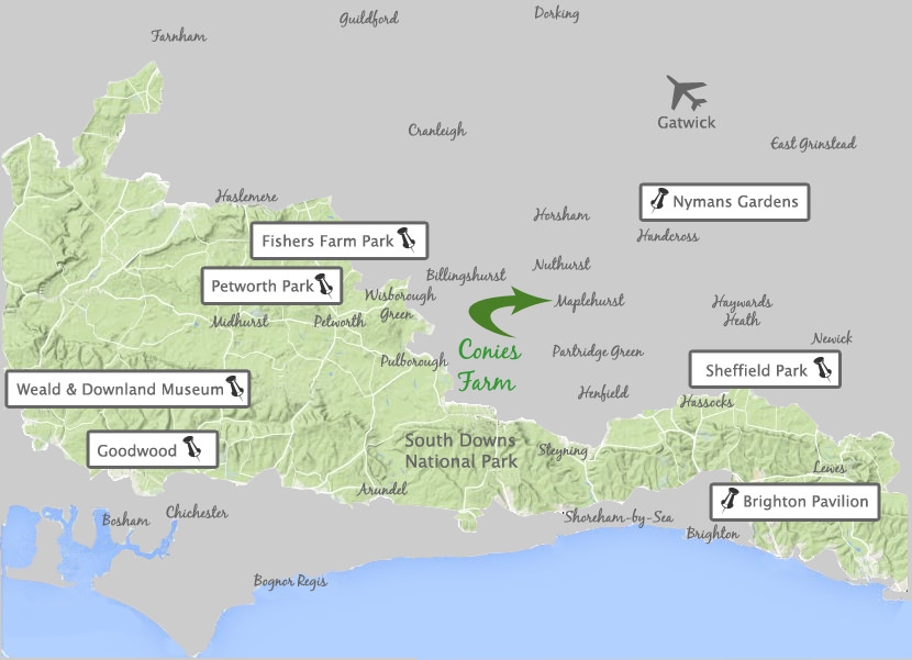 Map Image of South Downs and pointer locations to attractions